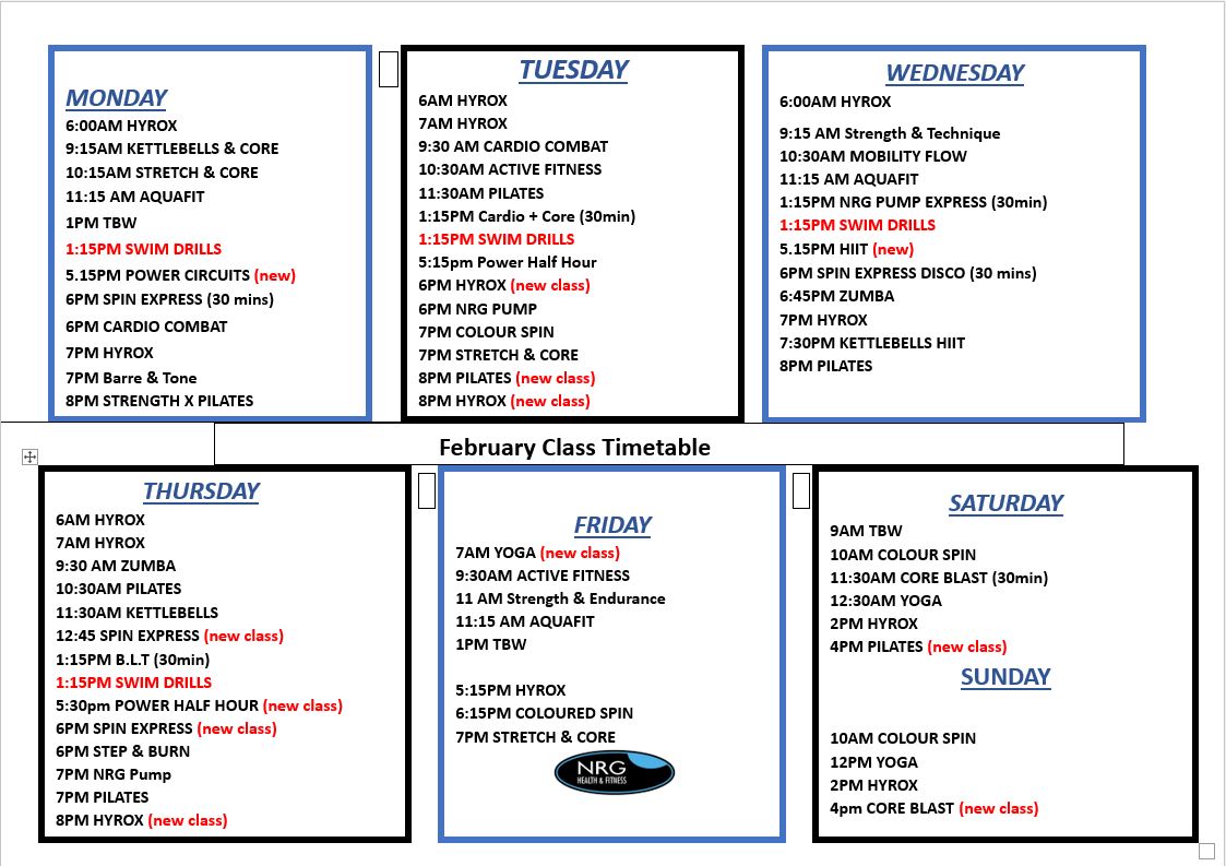 February 2025 Class timetable for website