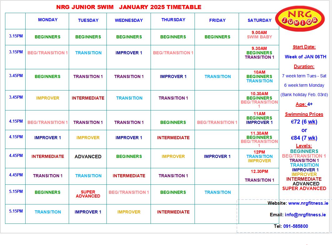 January Swim timetable 2025