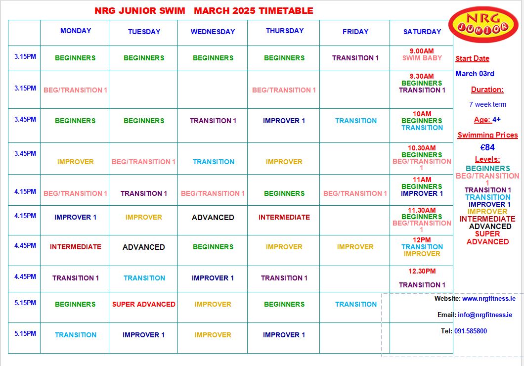 March 2025 Swim timetable