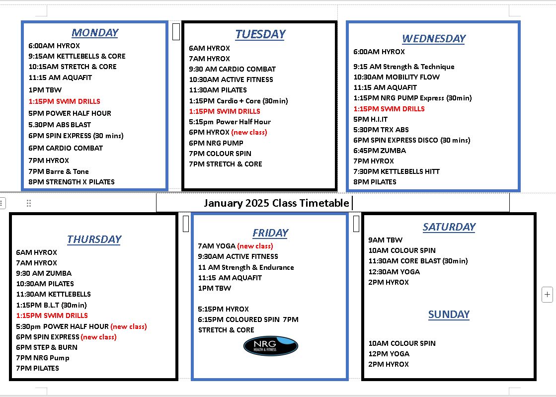 Timetable for Website Januayr 2025